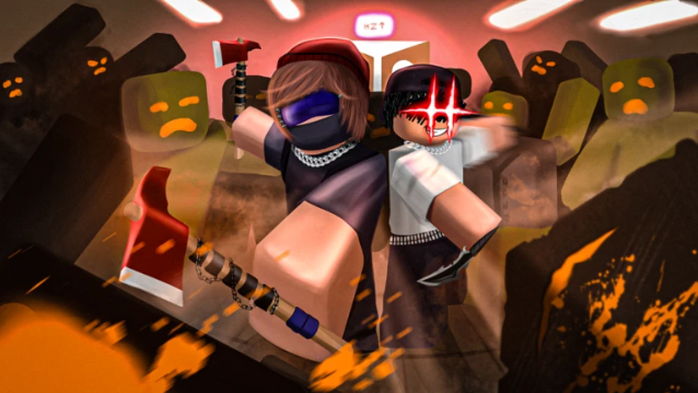 Two characters fighting zombie horde with weapons in dark indoor environment